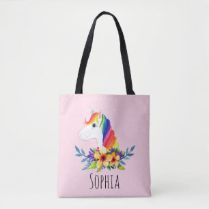 Girls Cute Magical Rainbow Unicorn en Name Kinder Tote Bag