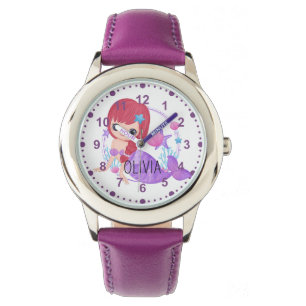 Girls Cute Mermaid Paars Custom Name Horloge