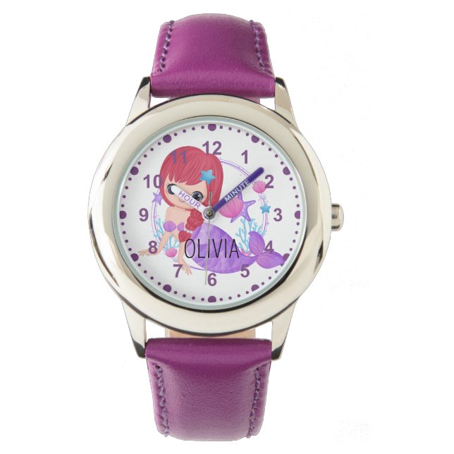 Girls Cute Mermaid Paars Custom Name Horloge (Voorkant)
