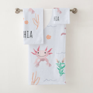 Girls Cute & Modern Pink Axolotl Pattern Kinder Bad Handdoek