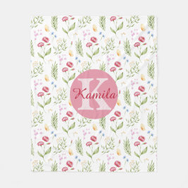 Girls Cute Monogram Name Floral Fleece Blanket Deken