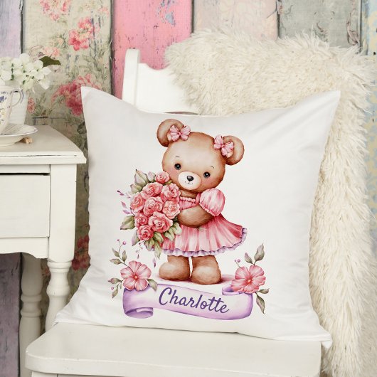 Girls Cute Nursery Throw Pillow With A Teddy Bear Kussen