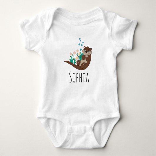 Girls Cute Otter Cartoon Flowers and Name Romper (Voorkant)