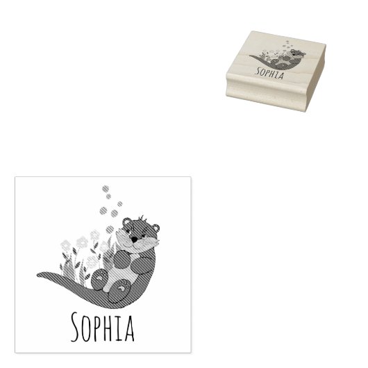 Girls Cute Otter Cartoon Flowers & Name Bookplate Rubberstempel (Gestempeld)