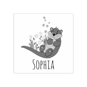 Girls Cute Otter Cartoon Flowers & Name Bookplate Rubberstempel