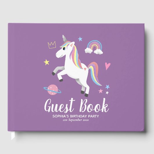 Girls Cute Paars Magical Unicorn Birthday Gastenboek (Voorkant)