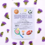 Girls Cute Paars Sports Superstar Baby shower Kaart<br><div class="desc">Dit schattige en moderne 'een kleine superster is onderweg' baby shower-uitnodigingsontwerp voor meisjes kenmerkt een paars ontwerp van de cartoon van de sport, met een basketbal, football, voetbal, tennisracket, trofie en sterren. De uitnodiging kan worden gepersonaliseerd met de namen van de ouder en andere details die nodig zijn voor uw...</div>