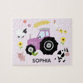 Girls Cute Paarse Boerderij Tractor en Name Kinder Legpuzzel (Horizontaal)