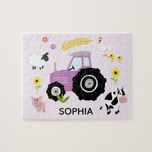 Girls Cute Paarse Boerderij Tractor en Name Kinder Legpuzzel (Horizontaal)