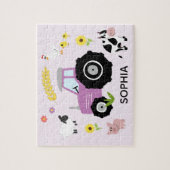 Girls Cute Paarse Boerderij Tractor en Name Kinder Legpuzzel (Verticaal)