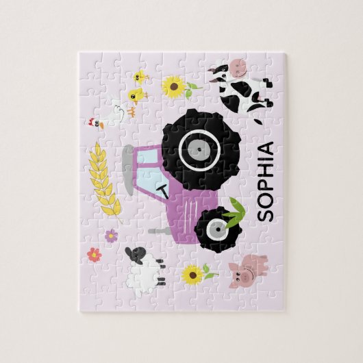 Girls Cute Paarse Boerderij Tractor en Name Kinder Legpuzzel (Verticaal)