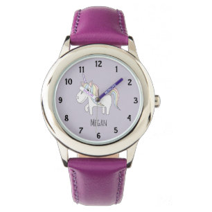 Girls Cute Paarse Magical Unicorn en Name Kinder Horloge
