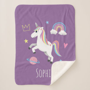 Girls Cute Paarse Rainbow Unicorn & Name Kinder Sherpa Deken