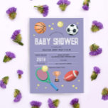 Girls Cute Paarse Sports Baby shower Kaart<br><div class="desc">Dit leuke en moderne baby shower-uitnodigingsontwerp voor meisjes kenmerkt een paars sportpatroon met een basketbal, football, voetbal, tennisracket, trofie en sterren. De uitnodiging kan worden gepersonaliseerd met de namen van de ouder en andere details die nodig zijn voor uw partij. De perfecte leuke sport, de toevoeging aan het baby shower...</div>