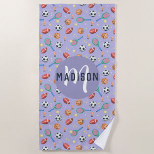 Girls Cute Paarse Sports Monogram Kinder Strandlaken