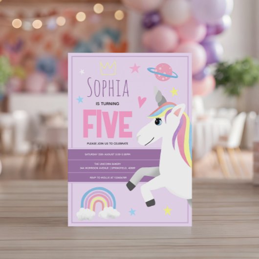 Girls Cute Paarse Unicorn Kinder 5e verjaardag Kaart