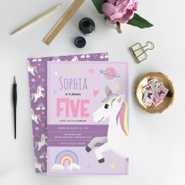 Girls Cute Paarse Unicorn Kinder 5e verjaardag Kaart