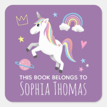 Girls Cute Paarse Unicorn & Name Kinder Bookplate