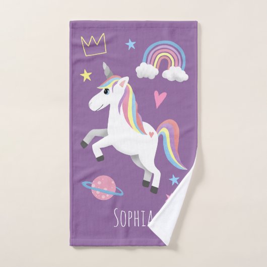 Girls Cute Paarse Unicorn Pattern & Name Kinder Bad Handdoek (Handdoek)