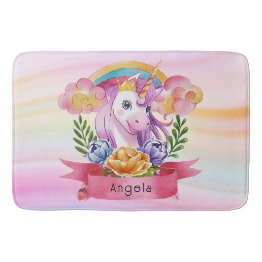Girls Cute Paarse Unicorn Rainbow Badmat (Voorkant)