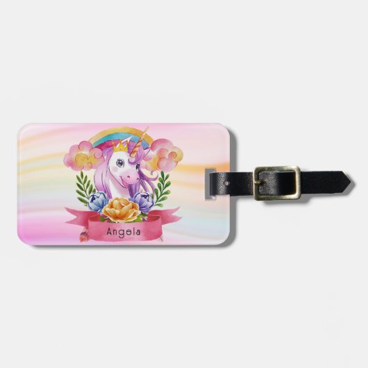 Girls Cute Paarse Unicorn Rainbow Bagagelabel (Voorkant horizontaal)