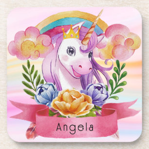 Girls Cute Paarse Unicorn Rainbow Bier Onderzetter