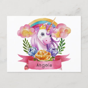 Girls Cute Paarse Unicorn Rainbow Briefkaart