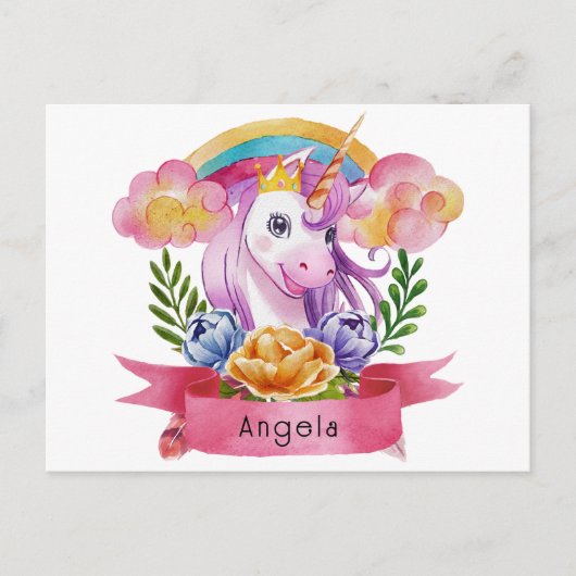 Girls Cute Paarse Unicorn Rainbow Briefkaart (Voorkant)