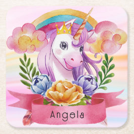 Girls Cute Paarse Unicorn Rainbow Kartonnen Onderzetters