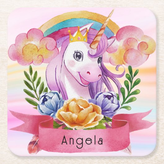Girls Cute Paarse Unicorn Rainbow Kartonnen Onderzetters (Voorkant)