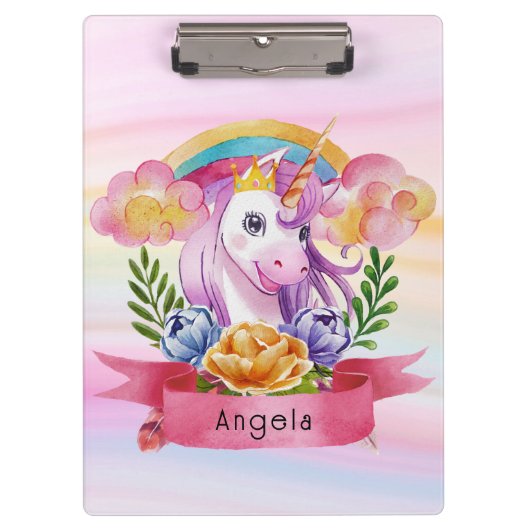 Girls Cute Paarse Unicorn Rainbow Klembord (Voorkant)
