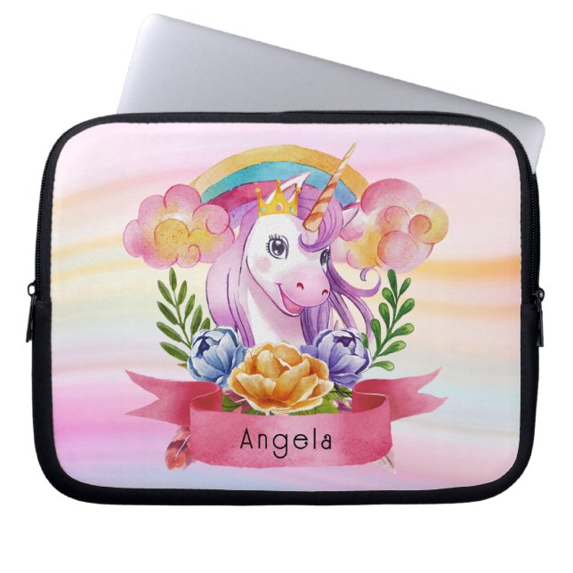 Girls Cute Paarse Unicorn Rainbow Laptop Sleeve (Voorkant)