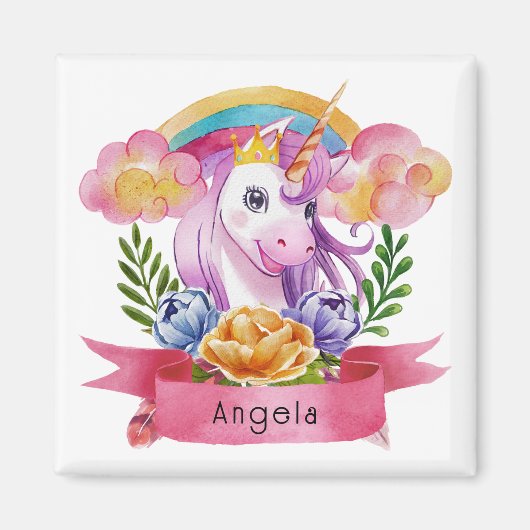 Girls Cute Paarse Unicorn Rainbow Magneet (Voorkant)