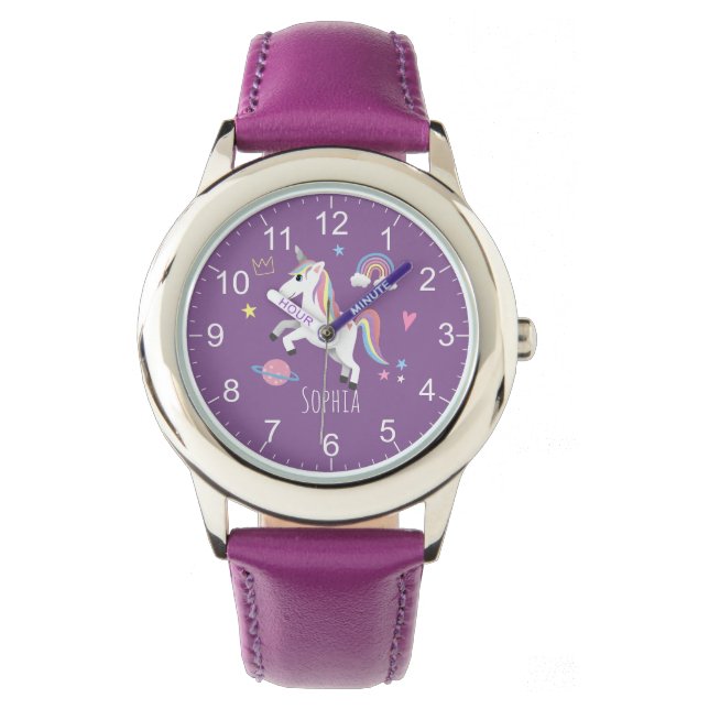 Girls Cute Paarse Unicorn Rainbow & Name Kinder Horloge (Voorkant)