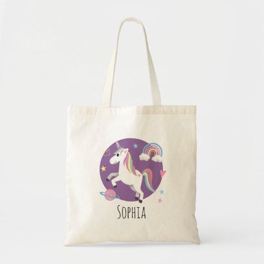 Girls Cute Paarse Unicorn Rainbow & Name Kinder Tote Bag (Voorkant)