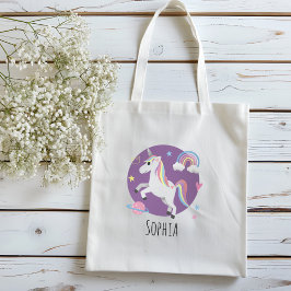 Girls Cute Paarse Unicorn Rainbow & Name Kinder Tote Bag