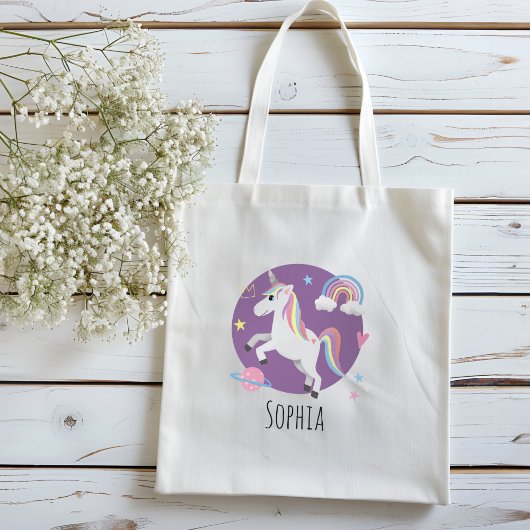 Girls Cute Paarse Unicorn Rainbow & Name Kinder Tote Bag