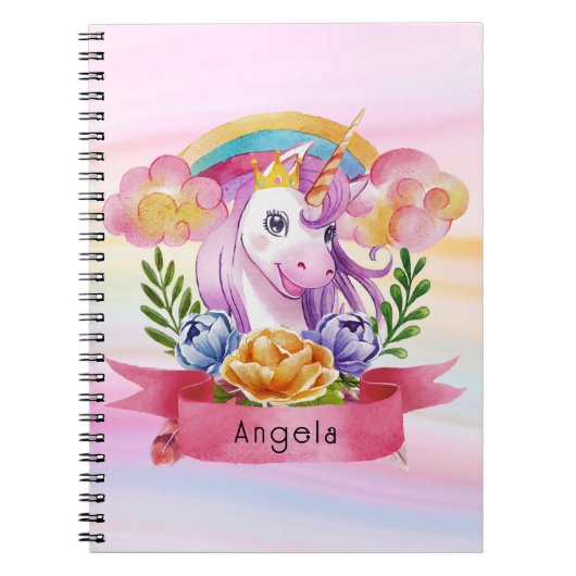 Girls Cute Paarse Unicorn Rainbow Notitieboek (Voorkant)