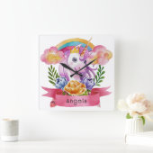Girls Cute Paarse Unicorn Rainbow Vierkante Klok (Huis)