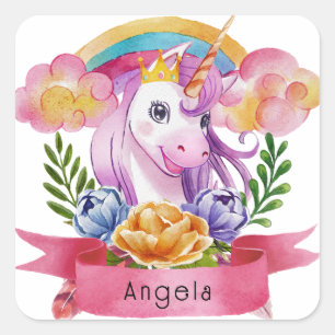 Girls Cute Paarse Unicorn Rainbow Vierkante Sticker