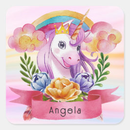 Girls Cute Paarse Unicorn Rainbow Vierkante Sticker