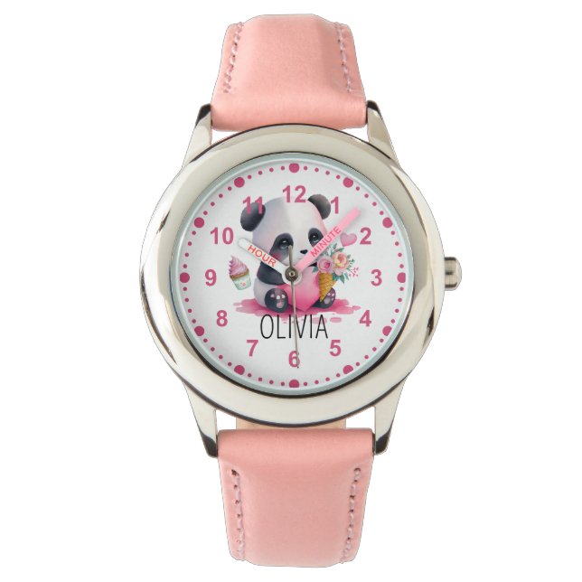 Girls Cute Panda Beer Flowers Roze Aangepaste naam Horloge (Voorkant)