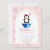 Girls Cute Penguin Winter Pink Birthday Kaart (Voorkant)