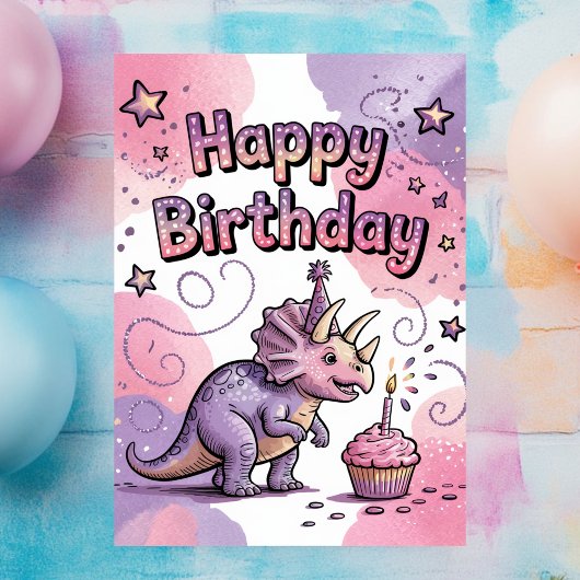 Girls Cute Personalized Dinosaur Birthday  Briefkaart