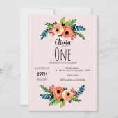 Girls Cute Pink 1st Birthday Waterverf Flowers Kaart (Voorkant)