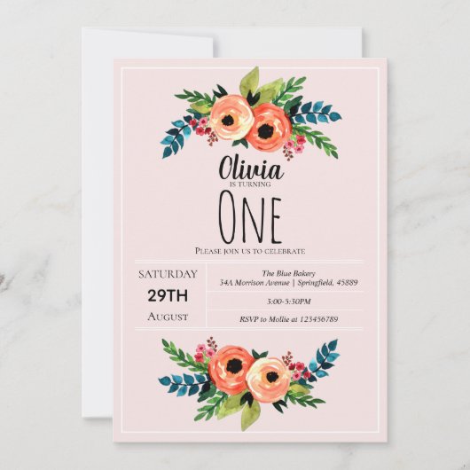 Girls Cute Pink 1st Birthday Waterverf Flowers Kaart (Voorkant)