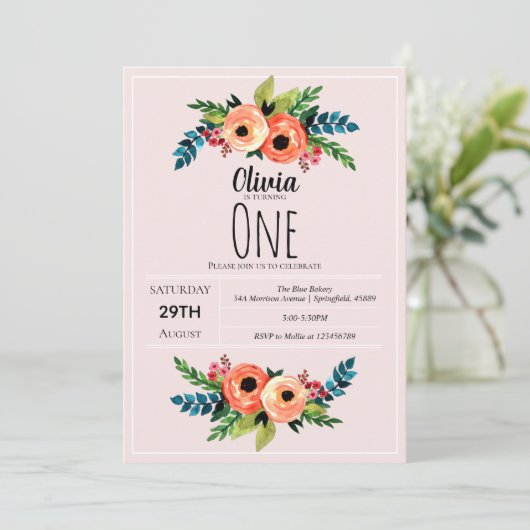 Girls Cute Pink 1st Birthday Waterverf Flowers Kaart (Staand voorkant)