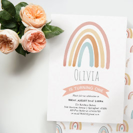 Girls Cute Pink Boho Rainbow First Birthday Kaart