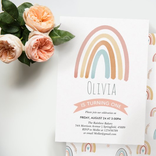 Girls Cute Pink Boho Rainbow First Birthday Kaart