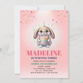 Girls Cute Pink Bunny Cake Birthday Invitation Kaart (Voorkant)